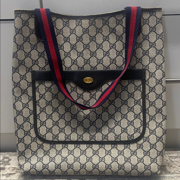 GUCCI GG Canvas Sherry Line Tote Bag Navy Red Auth - Picture 1 of 16